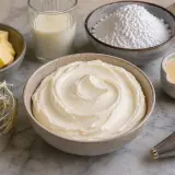 Préparation d'un glaçage onctueux : beurre en dés, lait, sucre glace, crème et poche à douille pour un délicieux beurre pour gâteau.