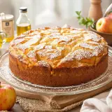 Gâteau aux pommes saupoudré de sucre glace. Une alternative légère pour remplacer 100 g de beurre par compote.