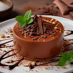 Gâteau au chocolat onctueux, garni de copeaux de chocolat et de menthe. Un simple cake design qui invite à la gourmandise.