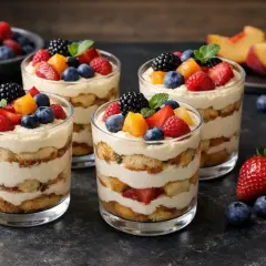 Quatre verrines de tiramisu aux fruits rouges et pêches, un délice de saison.