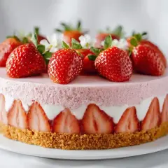Gâteau rond rose pâle orné de fraises fraîches et de petites fleurs blanches. Le pourtour est décoré de fraises tranchées et d'un nappage fraise aérien.