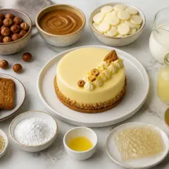 Gâteau jaune glacé, noisettes, biscuits, chocolat blanc, lait, citron, et feuilles de gélatine pectine pour une création gourmande.