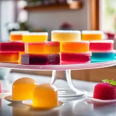 Gourmandises colorées, des desserts aux formes variées, certains en forme de fruits, d'autres rectangulaires, tous faits de gélatine. Le poids de la feuille de gélatine détermine leur texture.