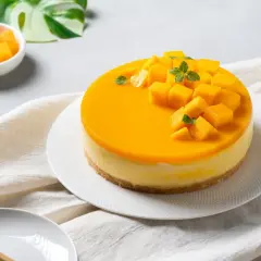 Un délicieux biscuit pour entremet, un cheesecake à la mangue, garni de dés de mangue fraîche et de feuilles de menthe.