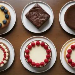 Six desserts sur des assiettes blanches : un gâteau aux myrtilles, un brownie, un gâteau au chocolat, un gâteau décoré de fruits rouges, un gâteau aux framboises et un autre aux framboises. Parfait pour faire un gâteau 2 jours à l'avance.