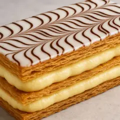 Un délice feuilleté avec un glaçage millefeuille orné de volutes chocolatées, révélant une crème pâtissière onctueuse.