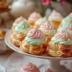 Petits choux garnis de crème pastel, roses et menthe. Parfait pour rattraper une pâte à choux ratée !