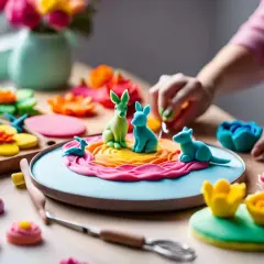 Des lapins et des oiseaux colorés en pâte à sucre sur une assiette, entourés de fleurs et d'outils de pâtisserie.