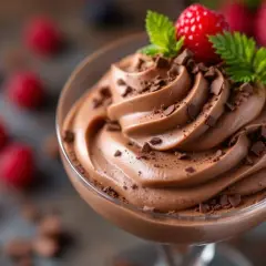 Mousse au chocolat onctueuse, garnie de framboises et menthe. Parfait pour savoir si peut on faire une mousse au chocolat la veille.