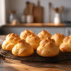 Un lot de choux pâtisserie dorés et gonflés refroidissent sur une grille, prêts à être garnir.