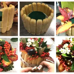 Création d'un gâteau fleurs automnal avec des biscuits à la cuillère, des baies rouges, des feuilles et des marrons.