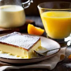 Un morceau de crème pâtissière traditionnelle saupoudré de sucre glace, servi avec du jus d'orange et des quartiers d'orange.