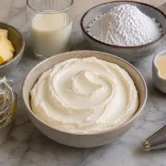 Préparation d'un glaçage onctueux : beurre en dés, lait, sucre glace, crème et poche à douille pour un délicieux beurre pour gâteau.