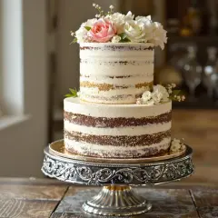 Magnifique montage layer cake à deux étages, décoré de roses et de fleurs blanches, sur un présentoir argenté.