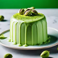 Gâteau rond glacé à la ganache pistache, décoré de pistaches entières et de miettes vertes.