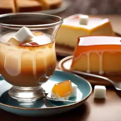 Un verre de crème dessert avec un nappage neutre, des carrés de sucre et des flans au caramel.