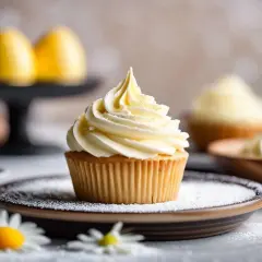 Un cupcake orné d'une généreuse crème au beurre facile, saupoudré de paillettes. Des fleurs et des œufs jaunes en arrière-plan.
