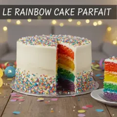 Gâteau arc-en-ciel festif, avec des couches colorées et des vermicelles. Un design de rainbow cake parfait pour une fête.