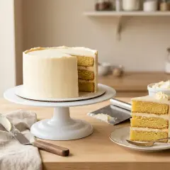 Un gâteau à étages recouvert d'une délicieuse crème de couverture, prêt à être dégusté. Une part est déjà coupée.
