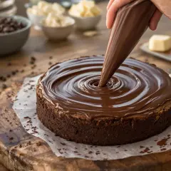 Un glaçage au chocolat onctueux est appliqué sur un gâteau au chocolat, créant un tourbillon parfait. Ce fourrage layer cake est prêt à être dégusté.