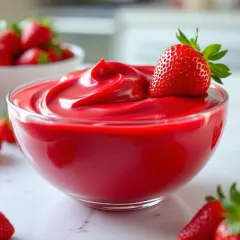 Un bol de ganache fraise onctueuse, garni d'une fraise fraîche. Des fraises entourent ce délice rouge vif.
