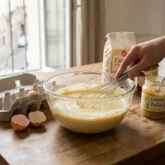 Préparation d'une pâte à gâteau. On voit un bol avec la pâte, un fouet, une boîte d'œufs vides, un pot de compote de pommes, un sac de farine et un pot de sucre. Une main fouette la pâte, peut-être pour remplacer œuf par compote.