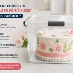 Un gâteau en pâte à sucre décoré de fleurs est conservé dans une boîte hermétique pour une conservation optimale.