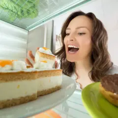 Une femme regarde des parts de gâteau à la crème pâtissière dans un réfrigérateur. Peut-on congeler une tarte à la crème pâtissière ?