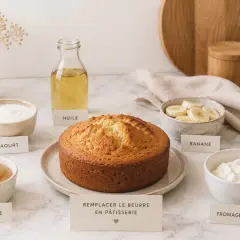 Gâteau doré entouré d'ingrédients : yaourt, compote, huile, banane, fromage blanc. Une carte suggère de remplacer le beurre par du beurre de cacao pour une pâtisserie plus légère.