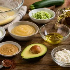 Ingrédients pour un gâteau sain : avocat, compote, yaourt, beurre de cacahuète, monostéarate de glycérol, courgette râpée, bananes, fromage blanc, cacao, farine.