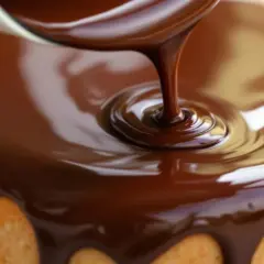 Un gâteau moelleux reçoit un généreux glaçage au chocolat noir, coulant en volutes brillantes.
