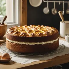 Un délicieux gâteau d'anniversaire, prêt à être décoré avec de la pâte à sucre. Il est garni de crème et surmonté d'une meringue dorée.