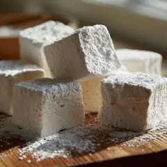 Des cubes moelleux de guimauve saupoudrés de sucre glace, prêts à être dégustés. Un ingrédient simple pour des douceurs gourmandes.