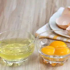 Deux bols en verre sur une table en bois : l'un contient du blanc d'œuf, l'autre des jaunes. Des coquilles d'œufs vides sont sur une assiette. Idéal pour la conservation du blanc d'œuf.