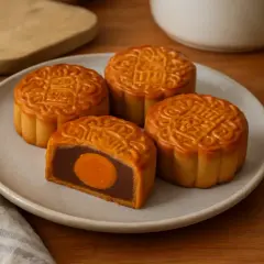 Quatre gâteaux de lune dorés, dont un coupé révélant une garniture de pâte de haricots rouges et un jaune d'œuf salé. Une invitation à découvrir la recette mooncake.