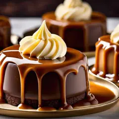 Petits gâteaux au chocolat, nappés d'une ganache caramel beurre salé coulante et surmontés d'une touche de crème. Un délice visuel.