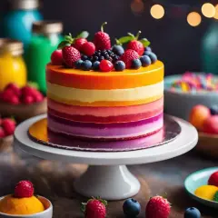 Gâteau arc-en-ciel aux fruits, aux couleurs vives obtenues avec des colorants alimentaires naturels.