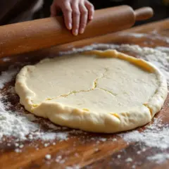 Mains travaillant la pâte sablée sur une planche en bois. La pâte est étalée, prête pour la conservation ou la cuisson.