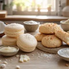 Douceur exotique : macarons et biscuits à la noix de coco, accompagnés de leur crème onctueuse.