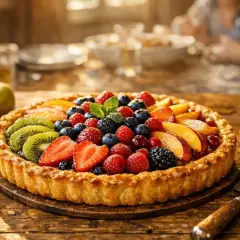 Gâteau aux fruits frais, parfait pour un layer cake 20 personnes. Fraises, kiwis, framboises, myrtilles et pêches sur une pâte dorée.
