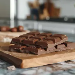 Des morceaux de chocolat, dont des tablettes empilées, sur une planche en bois. Une question se pose : est ce que le chocolat périme ?