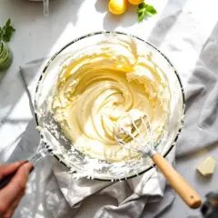 Un fouet mélange une crème onctueuse dans un bol en verre. Autour, des fruits frais, des herbes et un morceau de beurre concentré suggèrent une préparation culinaire savoureuse.