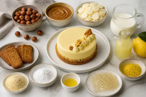 Gâteau jaune glacé, noisettes, biscuits, chocolat blanc, lait, citron, et feuilles de gélatine pectine pour une création gourmande.