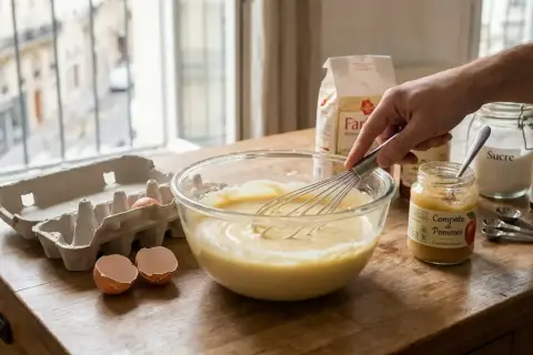 Préparation d'une pâte à gâteau. On voit un bol avec la pâte, un fouet, une boîte d'œufs vides, un pot de compote de pommes, un sac de farine et un pot de sucre. Une main fouette la pâte, peut-être pour remplacer œuf par compote.