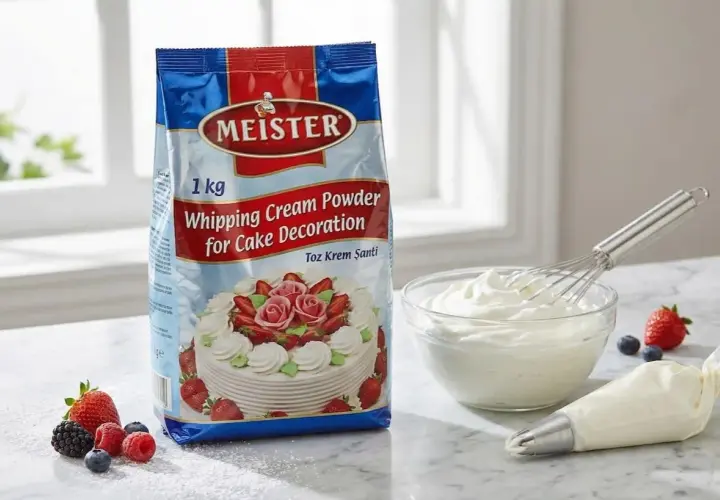 Un paquet de poudre pour chantilly Meister, un bol de crème fouettée prête à l'emploi, des fruits rouges et un sac de pâtisserie.