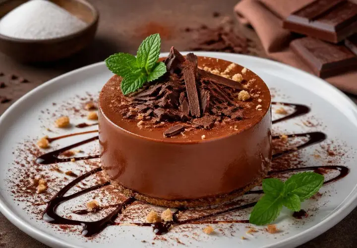 Gâteau au chocolat onctueux, garni de copeaux de chocolat et de menthe. Un simple cake design qui invite à la gourmandise.
