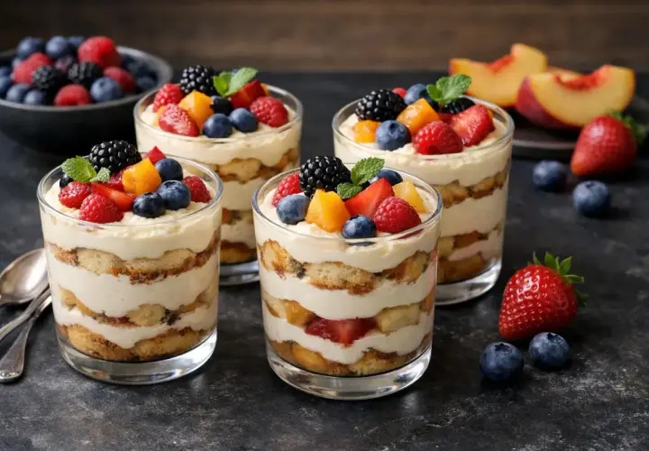 Quatre verrines de tiramisu aux fruits rouges et pêches, un délice de saison.