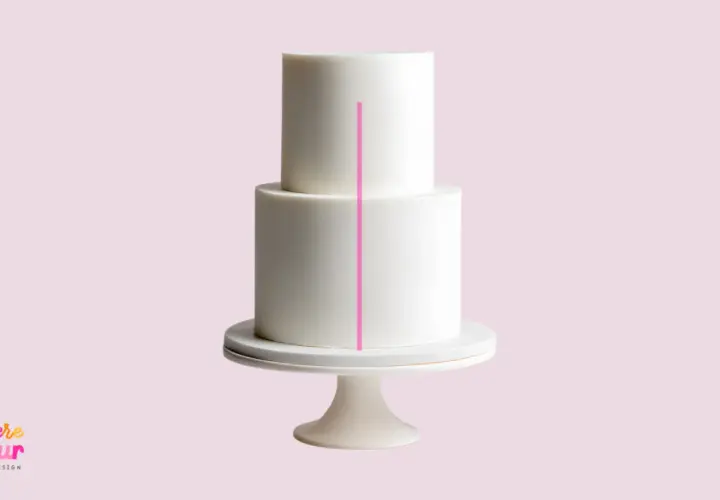 Un gâteau blanc à deux étages, orné d'une ligne rose verticale, est présenté sur un présentoir.