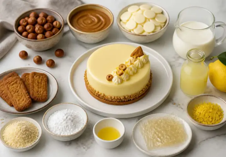 Gâteau jaune glacé, noisettes, biscuits, chocolat blanc, lait, citron, et feuilles de gélatine pectine pour une création gourmande.
