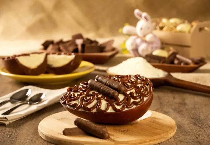 Un œuf au chocolat garni de crème et de bâtonnets de chocolat, prêt à être dégusté. Des morceaux de chocolat et un lapin de Pâques en arrière-plan.